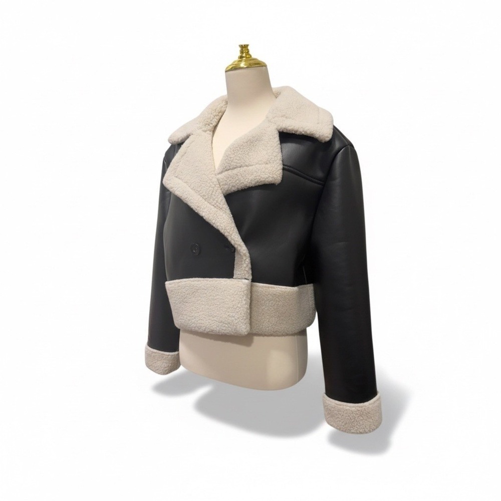 Steve Madden Sherpa Moto Jacket Black Faux Leather Cropped Women's‎ M NWT
